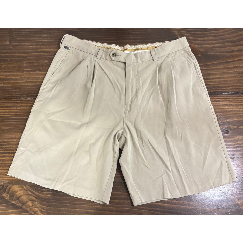 TOMMY BAHAMA Silk Cotton Shorts Mens 36 Khaki Pleated Chino Relaxed - Picture 2 of 8